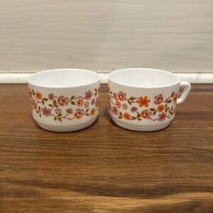 Lot Of 2 Vintage Arcopal France Cups D 7.5 Cm Orange Flowers
